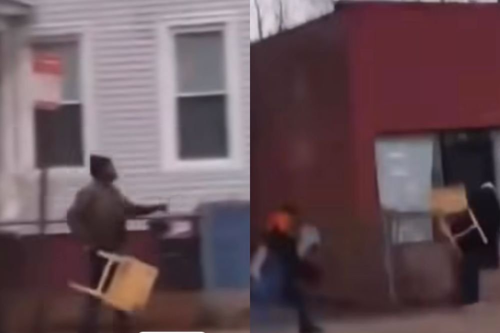 Man Throws Folding Chair at Opponent During Street Argument
