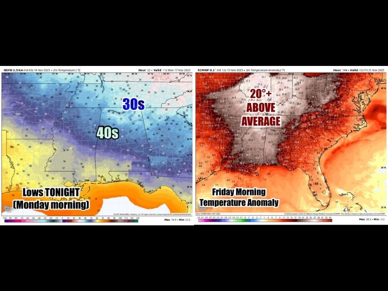 Alabama to See Overnight Drop Into 30s and 40s Before Unseasonably Warm Temperatures Return Later This Week