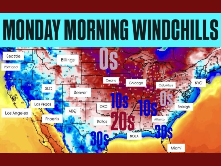 Arctic Cold Front to Bring Freezing Windchills Monday Morning Across Chicago, Columbus, and Omaha