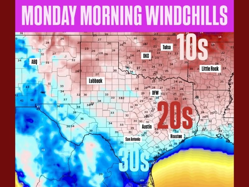 Arctic Cold Front to Bring Freezing Windchills Monday Morning Across Texas and Oklahoma