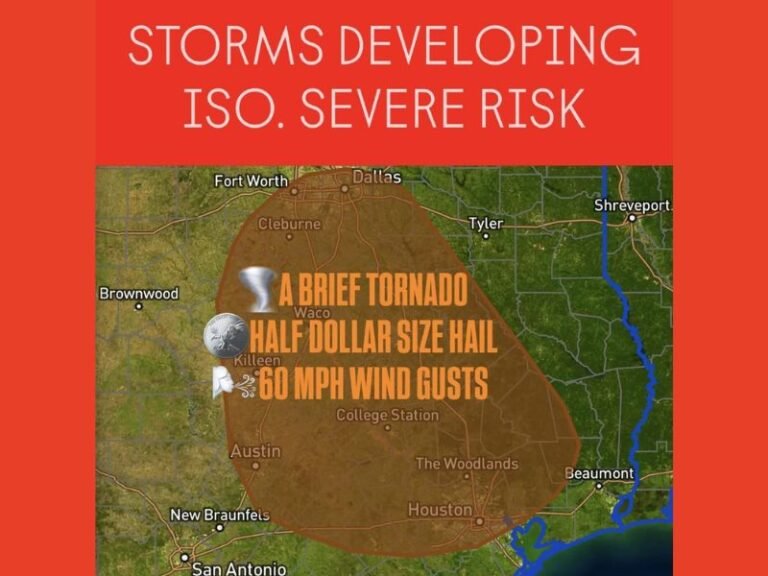 Central and Southeast Texas Face Isolated Severe Storm Risk With 60 MPH Winds, Large Hail, and Brief Tornado Threat