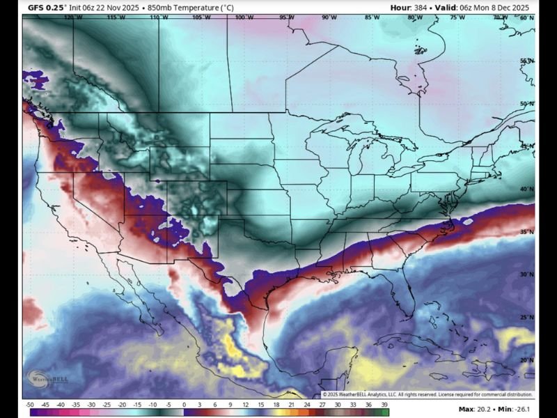 December 8 Forecast Models Warn Major Cold Blast Will Hit Texas, Louisiana, Mississippi, Alabama, Georgia, and the Carolinas