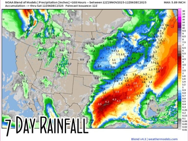 Heavy Rainfall Forecast to Soak the South and East This Week While Florida Peninsula Stays Dry