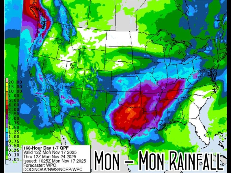 Heavy Rainfall Targets Central U.S. This Week With Flooding Risk While Southeast Remains Dry Heading Into Thanksgiving