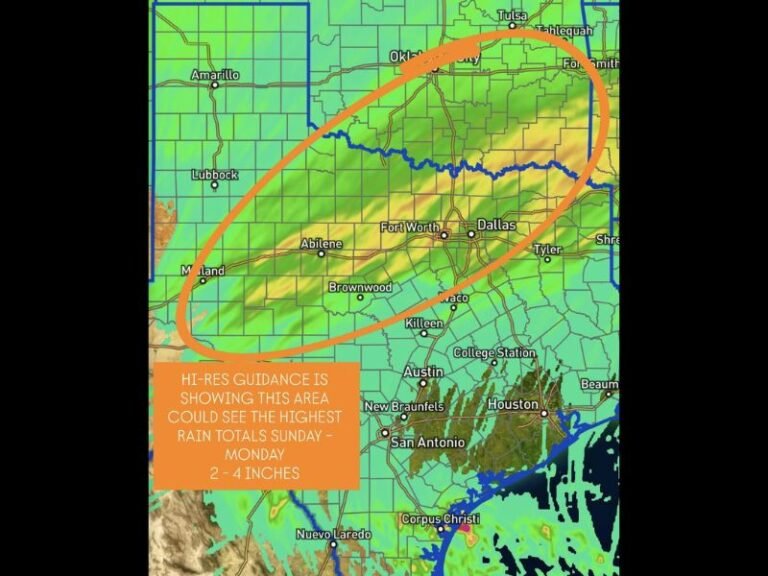 High-Resolution Models Show 2–4 Inches of Rain Possible Across North Texas, Southern Oklahoma, and Western Arkansas Sunday Into Monday