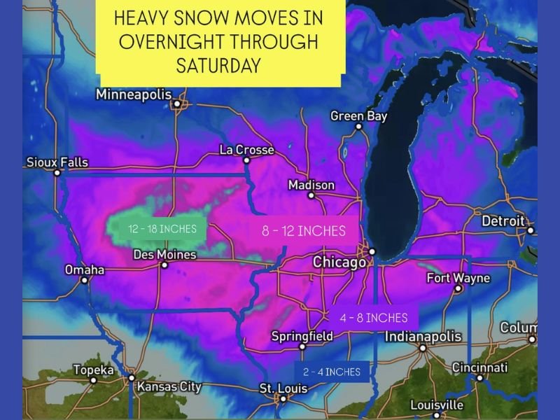 Major Winter Storm Slams Midwest With Up to 18 Inches of Snow Expected From Iowa to Chicago Through Saturday