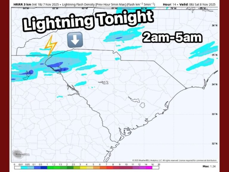 Overnight Thunderstorms Expected to Bring Lightning Across Upstate South Carolina and Western North Carolina