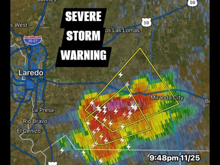 Severe Storm Warning Issued Near Laredo, Texas as Apple-Sized Hail and 60 MPH Winds Threaten Mirando City Area