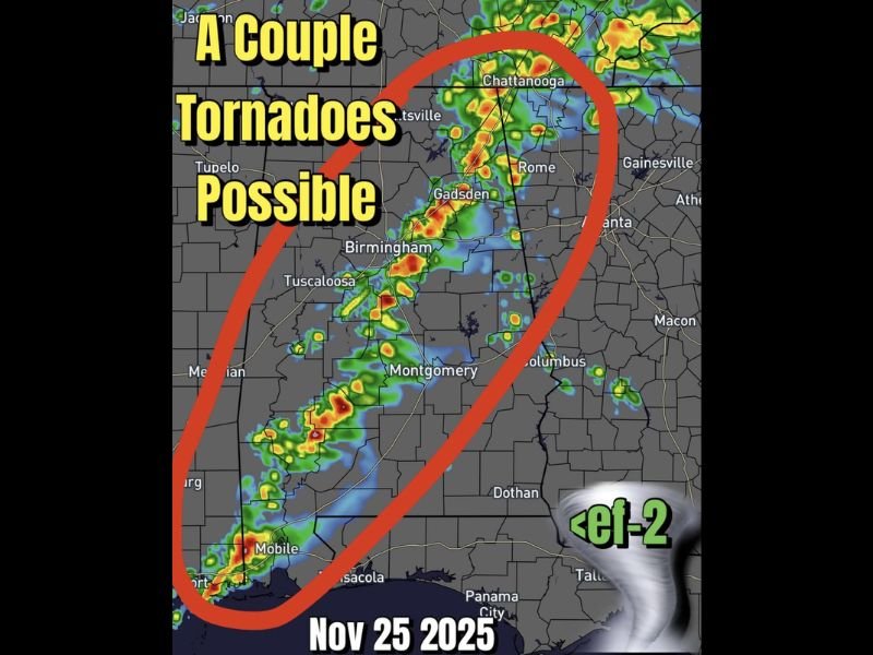 Severe Weather Threat Across Alabama as Cold Front Brings Risk of Tornadoes and Strong Storms