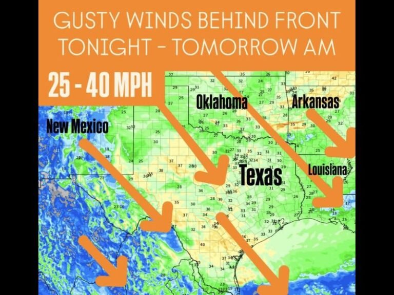 Strong Cold Front Sweeps Across Texas, Oklahoma, and Surrounding States Bringing 40 MPH Wind Gusts and Sharp Temperature Drop