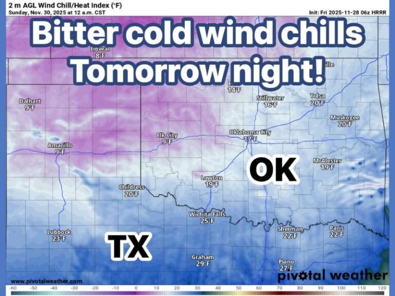 Texas and Oklahoma Brace for Bitter Cold Wind Chills as Temperatures Drop into Single Digits Sunday Night