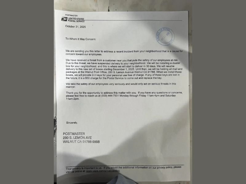 USPS Halts Doorstep Mail Delivery in California Neighborhood After Resident Threatens Postal Workers