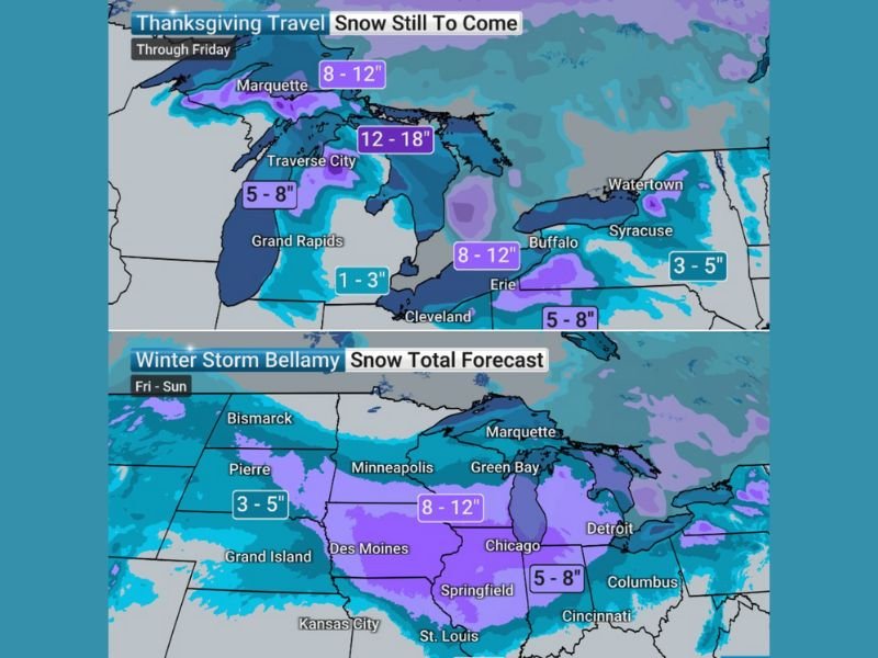 Winter Storm Bellamy to Slam Midwest and Great Lakes with Up to 18 Inches of Snow, Disrupting Thanksgiving Travel