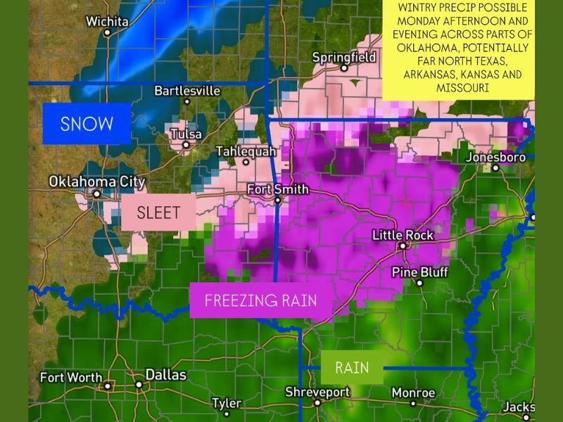 Wintry Mix to Sweep Across Southern Plains Monday, Bringing Snow, Sleet, and Freezing Rain to Oklahoma, Arkansas, and North Texas