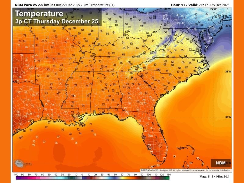 Alabama Forecast to Hit 70 Degrees or Higher on Christmas Day as Warm Pattern Continues
