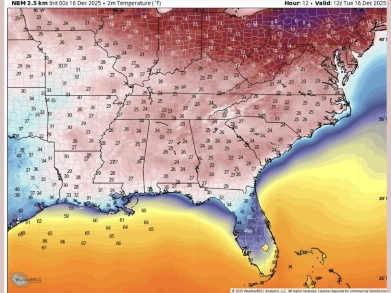 Alabama, Georgia, and Mississippi to Plunge Into Low 20s as Powerful Arctic Blast Freezes the South by Tuesday Morning
