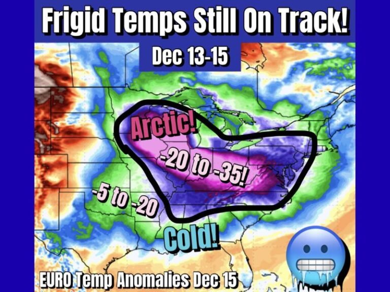 Arctic Air Surge to Drive Temperatures 20–35 Degrees Below Normal Across Colorado, Kansas, Nebraska, Iowa, Missouri, Illinois, Indiana, and Ohio From December 13–15