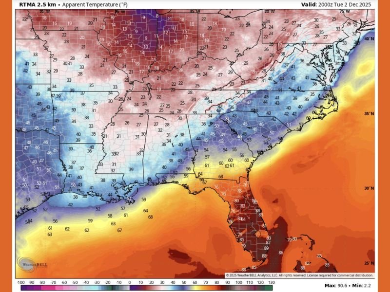 Arctic Blast Drops “Feels Like” Temperatures Into the 20s Across the Southeast as Florida Stays Warm Ahead of Sharp Nighttime Cooldown