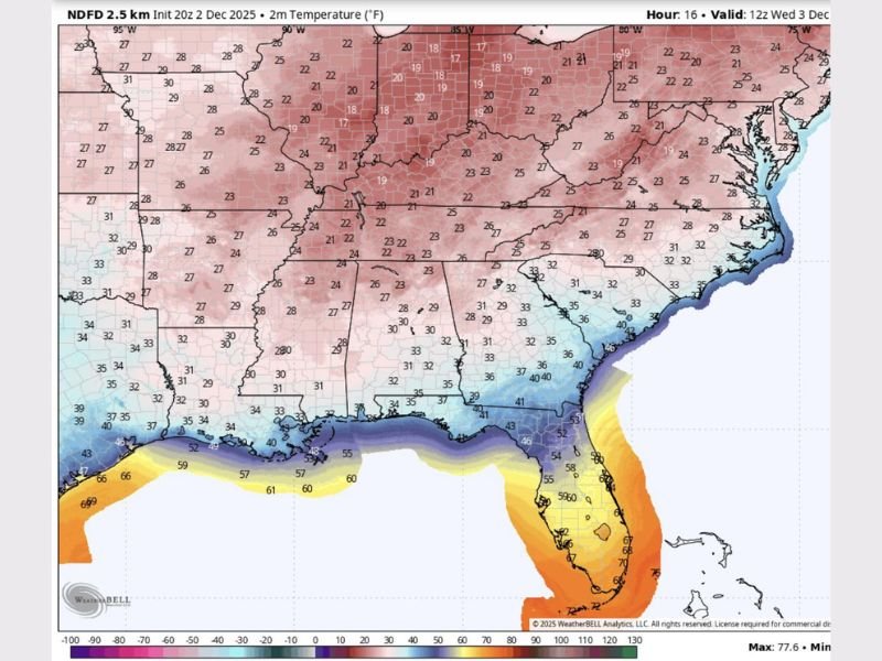 Arctic Blast to Bring Widespread Freezing Temperatures Across the Southeast, Affecting Mississippi, Alabama, Georgia, and the Carolinas