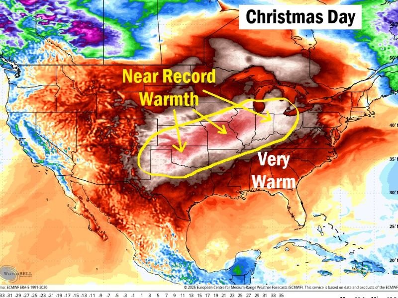 Christmas Day 2025 Forecast Calls for Near-Record Warmth Across Missouri, Ohio, and Large Sections of the Central and Eastern United States