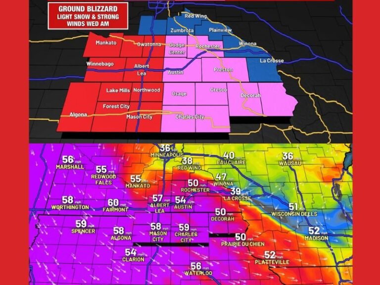 Clipper System Expected to Produce Blizzard-Like Conditions, Ice, and 45–55 MPH Wind Gusts Across Minnesota and Iowa From Tuesday Afternoon Into Wednesday Morning
