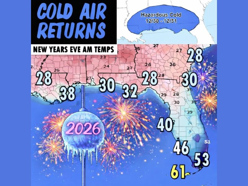 Dangerous New Year’s Cold Expected With Temperatures Plunging Into the 20s and 30s Across Louisiana, Mississippi, Alabama, Georgia, and Florida