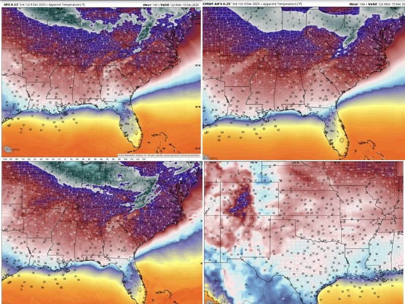 Dangerous Wind Chill Event Expected to Hit Texas, Louisiana, Mississippi, Alabama, Georgia, Tennessee, the Carolinas, and Florida With Extreme “Feel-Like” Temperatures Early Monday