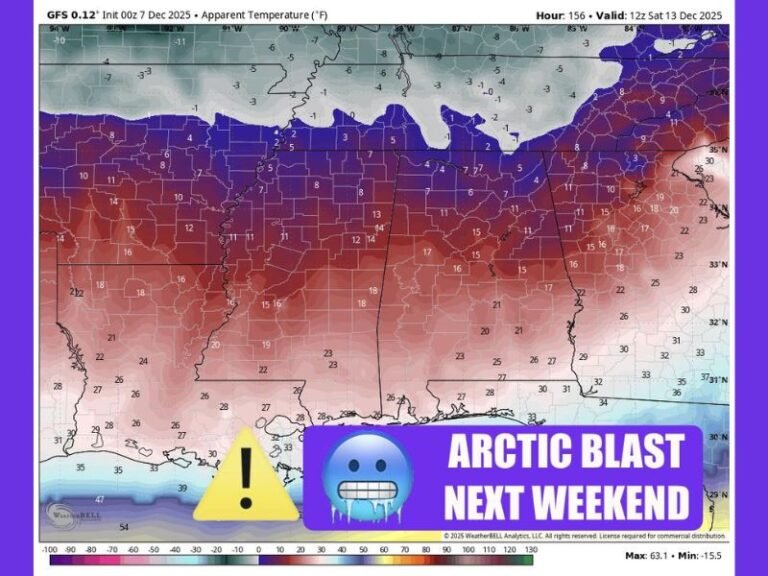 Dense Fog, Rain Return, and Major Arctic Blast Expected Across Alabama, Mississippi, Louisiana, Georgia, and Tennessee Next Weekend