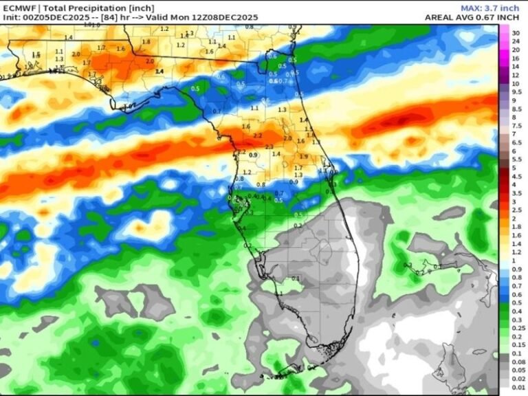 European Forecast Model Shows Heavy Rain Band Targeting North and Central Florida as Moisture Train Sets Up Through Monday