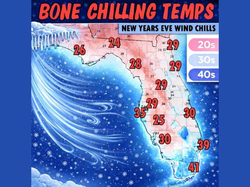 Florida Braces for Bone-Chilling New Year’s Eve as Arctic Blast Drives Wind Chills Into the 20s and 30s Across the Entire State