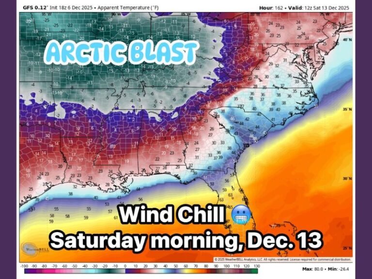 Forecast Models Show Potential Arctic Blast Bringing Dangerous Wind Chills to Alabama, Mississippi, Georgia, and Tennessee on December 13
