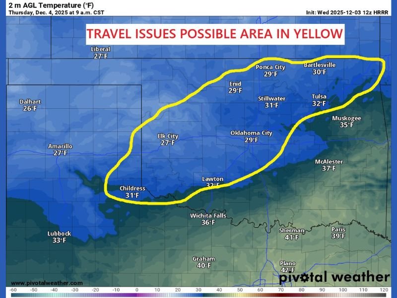 Freezing Drizzle and Sleet Expected Early Thursday Across Oklahoma, Creating Dangerous Morning Travel Conditions