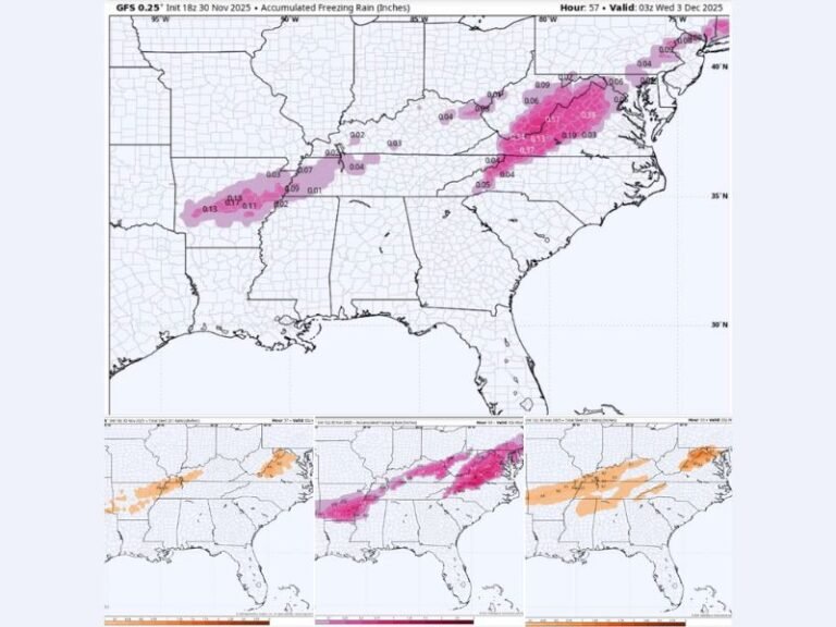 Freezing Rain and Ice Threat to Impact Arkansas, Tennessee, Mississippi, Kentucky, and Virginia Through Midweek