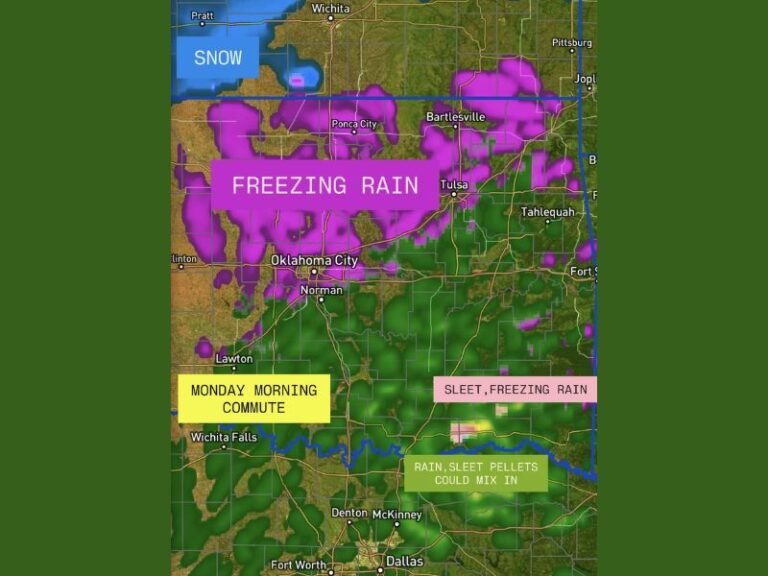 Freezing Rain and Sleet Threaten Southern Plains Commute: Oklahoma and North Texas Drivers Warned of Slick Roads Monday Morning