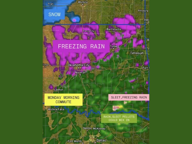 Freezing Rain and Sleet Threaten Southern Plains Commute: Oklahoma and North Texas Drivers Warned of Slick Roads Monday Morning