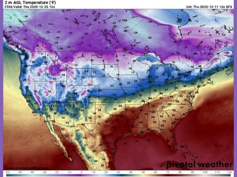 GFS Model Shows Extreme Christmas Day Temperature Split Across North Dakota, Minnesota, Montana, Wisconsin, Texas, Louisiana, Mississippi, Alabama, Georgia, and Florida