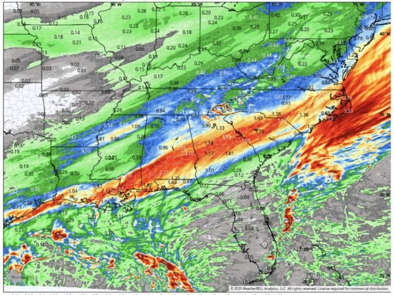 Heavy Rainfall and Flooding Threat Expands Across Gulf Coast, Mississippi, Alabama, Georgia, and the Carolinas Through Tuesday