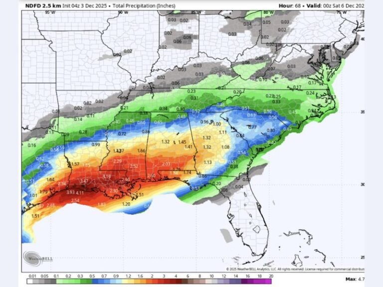Heavy Rainfall to Drench the Gulf Coast From Thursday Through Friday, Bringing 3–5 Inches to Louisiana, Mississippi, and Alabama