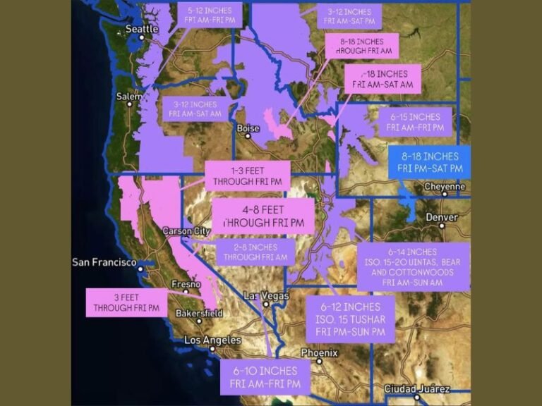Heavy Snowstorm to Bring Up to 8 Feet of Snow Across California, Nevada, Utah, and Idaho Through Friday
