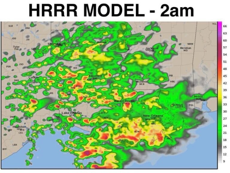 Louisiana Faces Torrential Overnight Downpours as HRRR Model Shows Intense Rain Bands Strengthening Through Early Morning