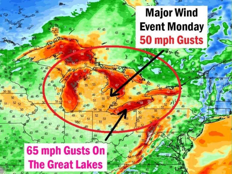 Michigan, Wisconsin, Illinois, Indiana, and Ohio Bracing for Major Wind Event Monday With Gusts Up to 65 MPH