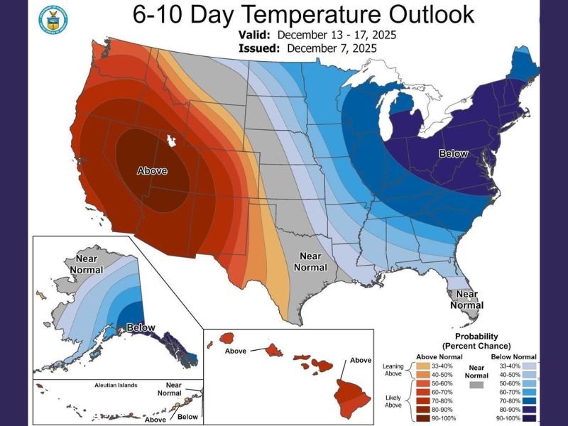 NOAA Forecast Warns of Below-Normal Temperatures for Louisiana, Mississippi, Arkansas, Tennessee, Missouri, Georgia, the Carolinas, and Most of Florida
