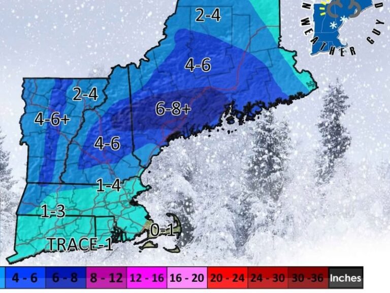 New England States — Maine, New Hampshire, Vermont, and Massachusetts Brace for a Two-Part Snow Event Tuesday Into Wednesday