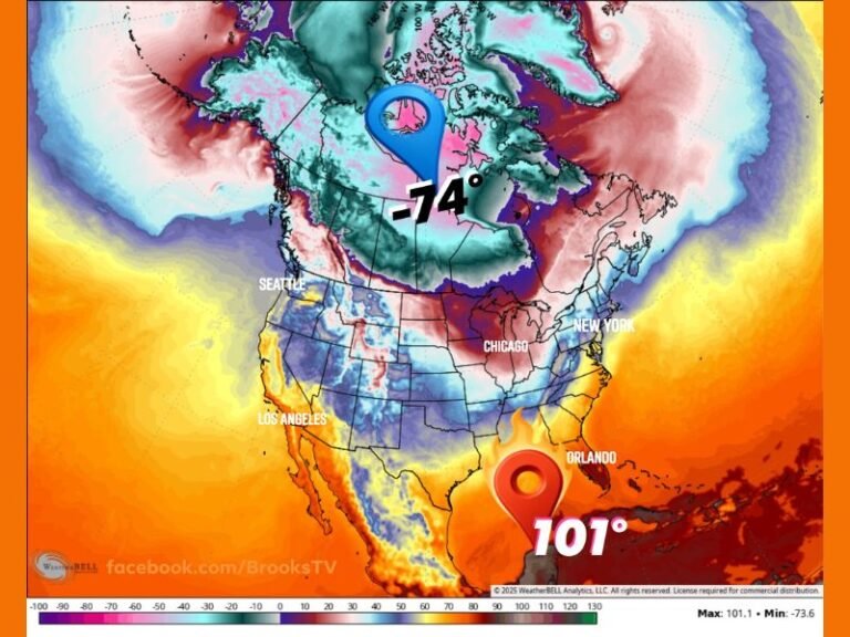 North America Split by Extreme Temperature Contrast as Canada Faces -74°F Wind Chills While Florida Approaches 100°F Heat Index