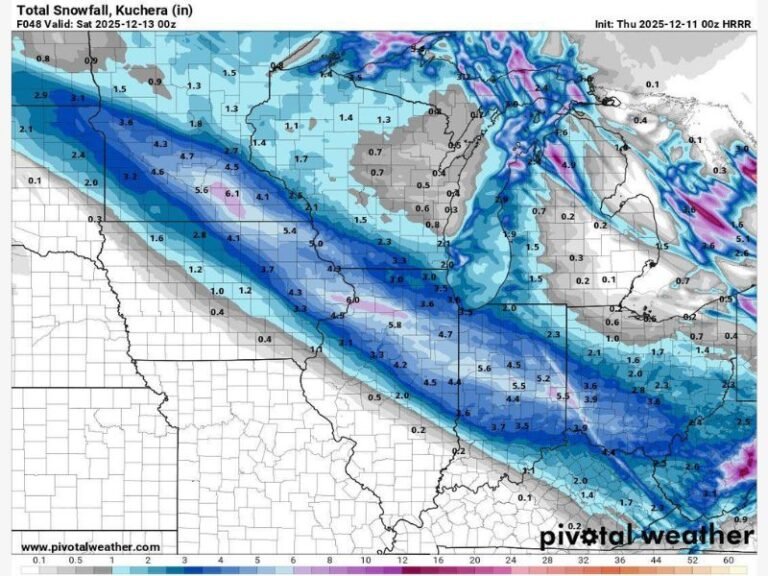 Snow Clipper System Targeting Illinois, Indiana, Ohio, Michigan, and Kentucky With 2–6 Inches of Snow and Travel Impacts Late Today Into Friday