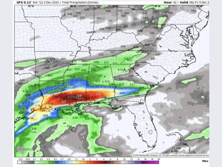 South Mississippi and Alabama Brace for Heavy Rain as Gulf Coast Faces 2–4 Inches of Downpour Through Friday Night