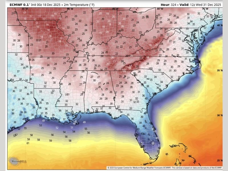 Southern States Brace for Bitter Cold as New Year’s Eve Forecast Predicts Frigid Temperatures Across Alabama, Georgia, and the Carolinas
