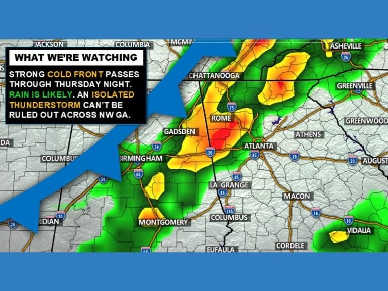 Strong Cold Front to Bring Rain and Isolated Thunderstorms Across Georgia Thursday Night