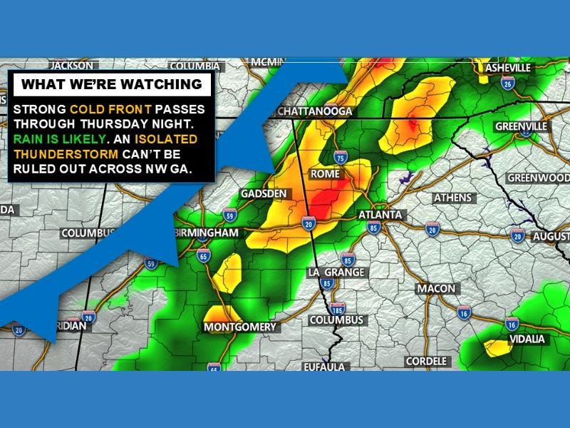 Strong Cold Front to Bring Rain and Isolated Thunderstorms Across Georgia Thursday Night