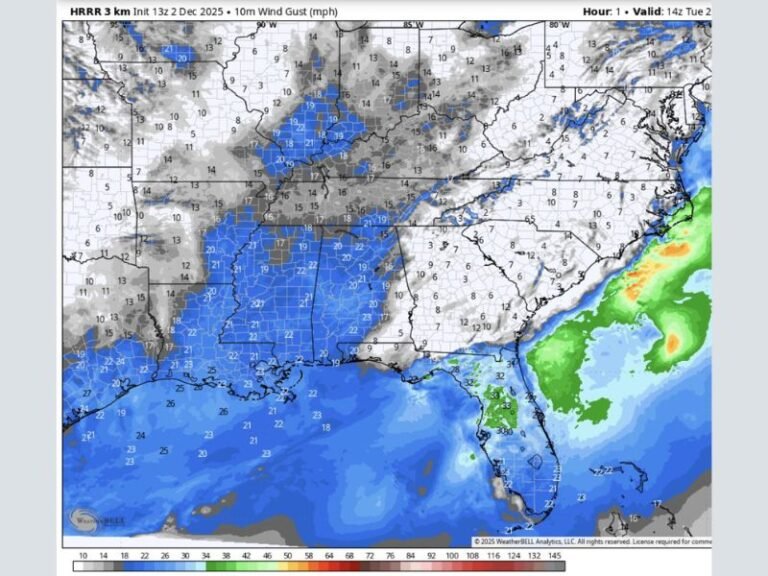 Strong Winds Sweep Across Louisiana, Mississippi, and Alabama With Gusts Over 25 MPH Prompting Safety Advisories